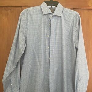 Thomas Dean Light Blue Gray White Checkered Dress Shirt Size L Long Sleeves